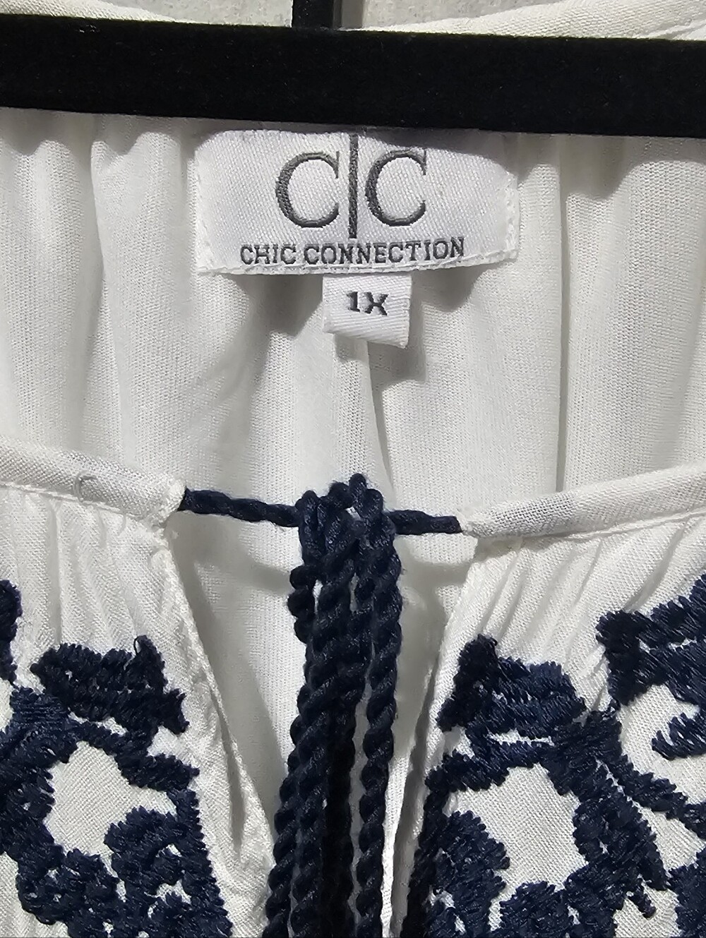 IC COLLECTION White Dress with Navy Embroidery and Braided Tie